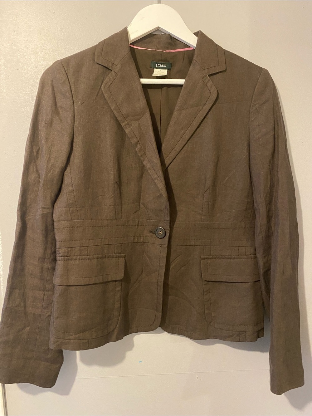 J. Crew Women's 100% Linen Chocolate Brown Single Button Blazer Size 6 Office